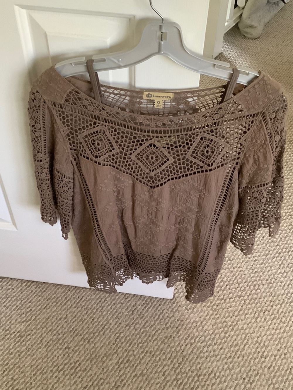 Democracy Taupe Crochet Lace Off-Shoulder Tunic Top